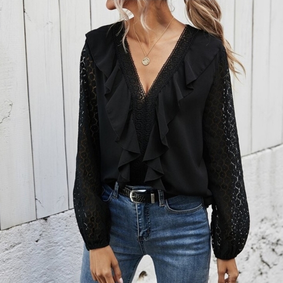 Black V neck and ruffle blouse - Picture 3 of 6